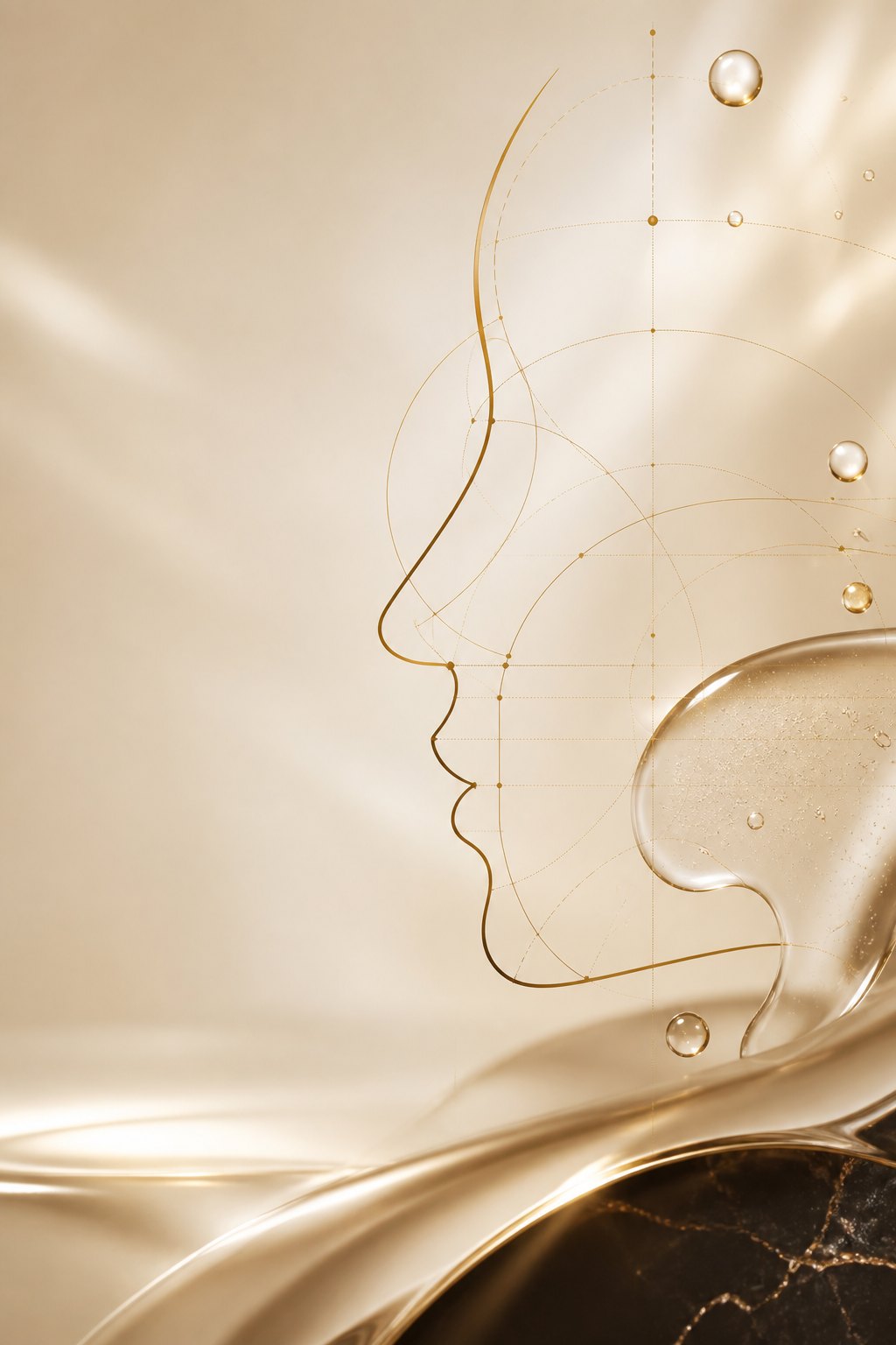 Linhas de análise facial em composição dourada